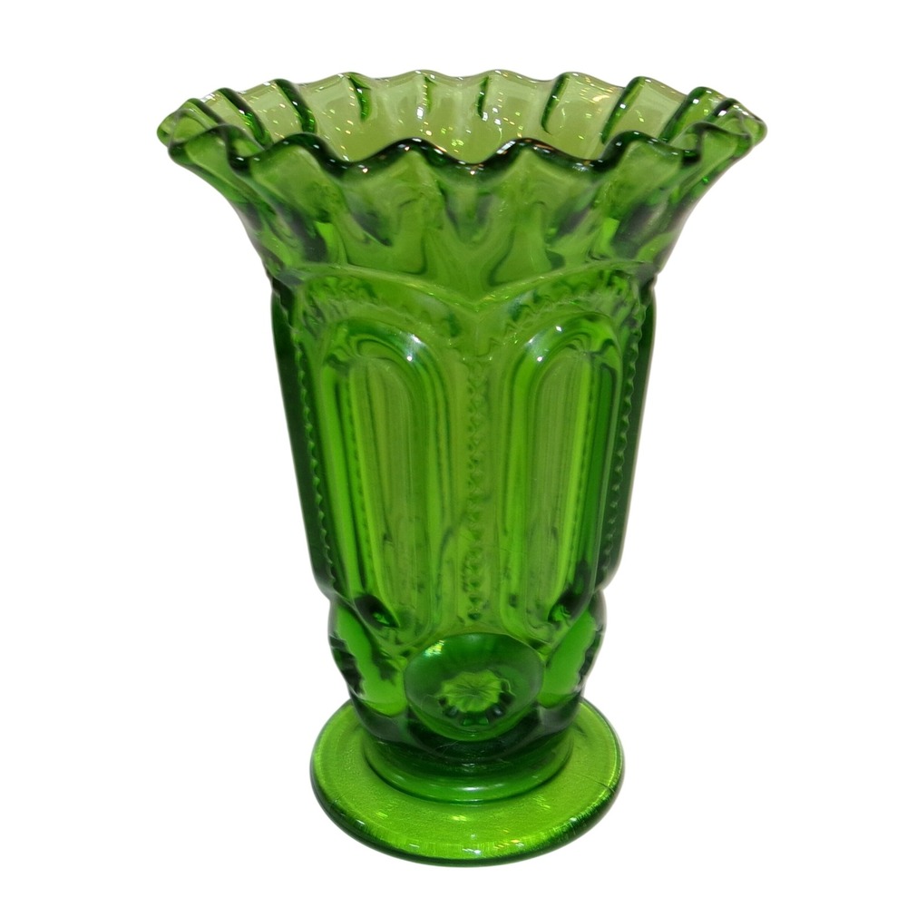 Vintage LE Smith Green Moon and Star Glass Ruffled Vase